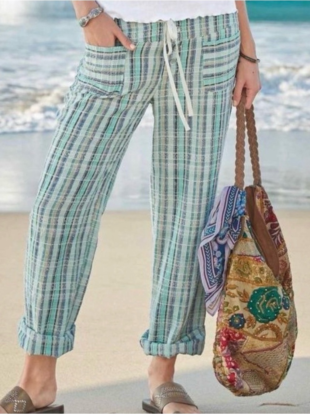 Sundance Gigi Mint Green Plaid Textured Cotton Pant
